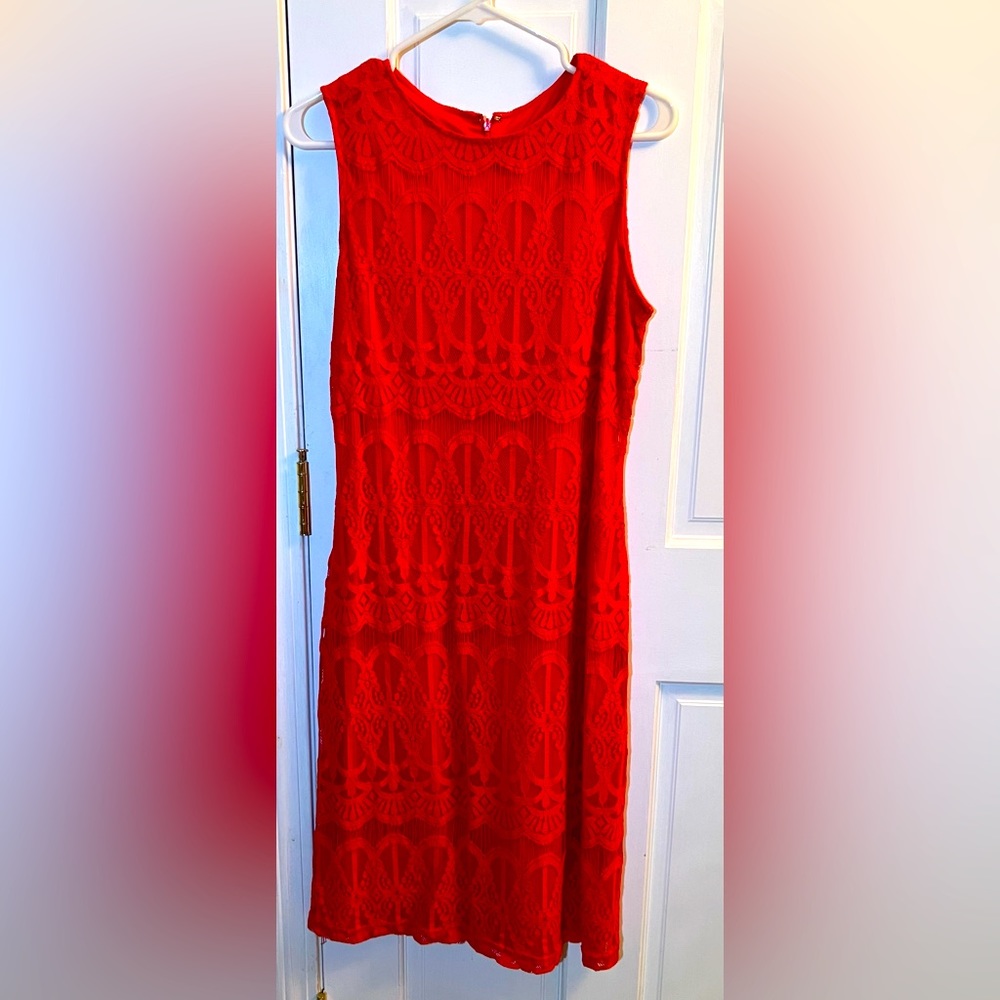 Red lace midi cocktail dress. Sharagano size 10.